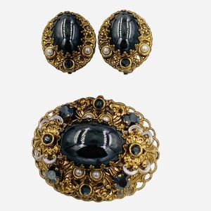 Vintage West German Black Glass Faux Pearl Enamel Brooch Earring Set